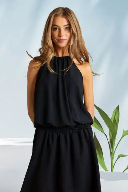Halter Neck Smocking Waist Black Dress -  Cute Clothes - In Style Chics Boutique Women's Juniors Apparel Online 