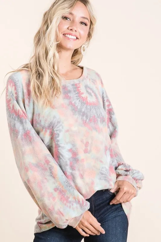 Brushed Tie Dye Print Top with Puff Sleeves at In Style Chics Boutique Fall 2025 Women's Fashion 