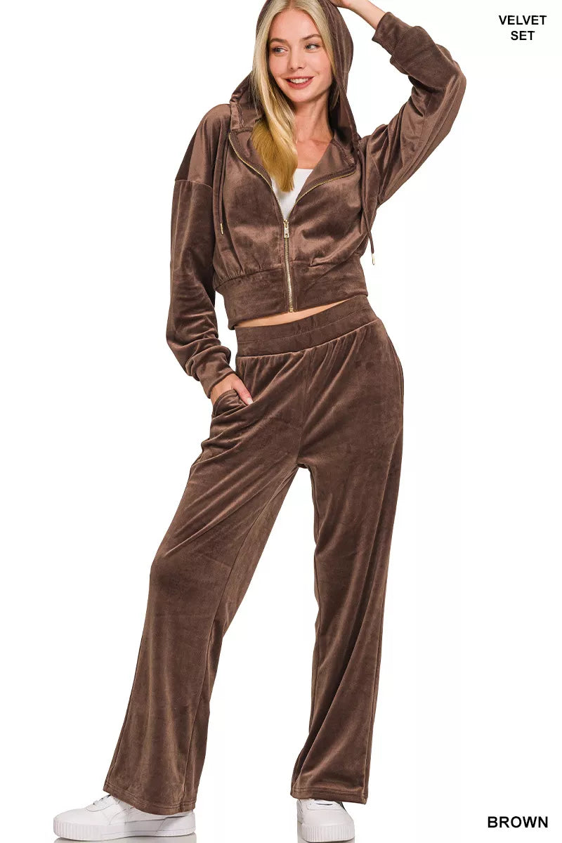 Zenana Velvet Zip Up Hoodie and Pants Set