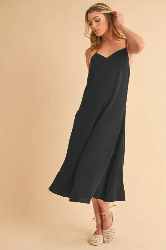 Side Button Midi Black Cami Dress - In Style Chics Boutique Women's Juniors Apparel Online 