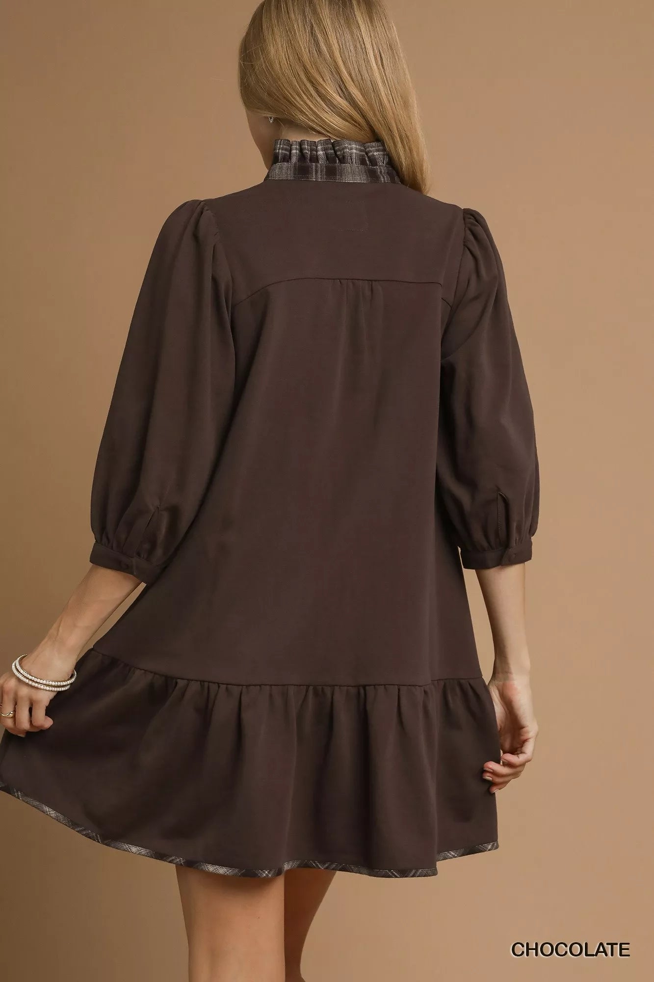 French Terry Ruffle Hem Dress with Plaid Trim at In Style Chics Boutique Fall Fashion Must Haves