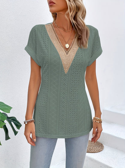 Slit Eyelet V-Neck Short Sleeve Blouse - More Colors! - In Style Chics Boutique LLC
