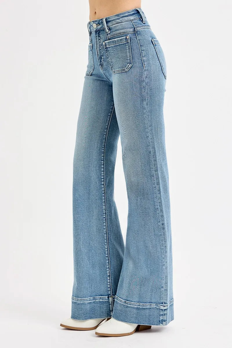 RISEN High Rise Wide Flare Jeans with Patch Pocket - In Style Chics Boutique 