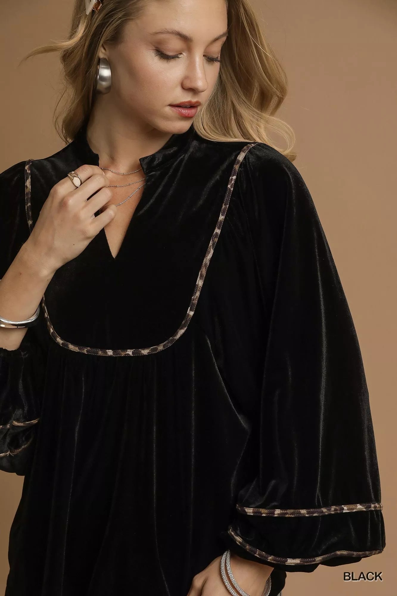 Velvet Long Sleeve Blouse with Contrast Trim at In Style Chics Boutique 