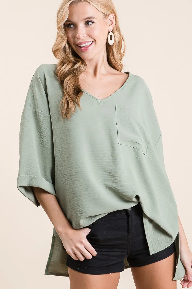 V-Neck Top,Flowy with Rolled Up Cuffs at In Style Chics Boutique 