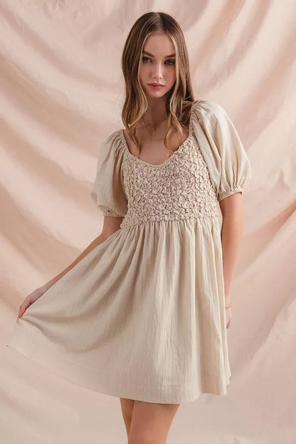 Textured Woven Daily Dress with Puff Sleeves at In Style Chics Boutique 