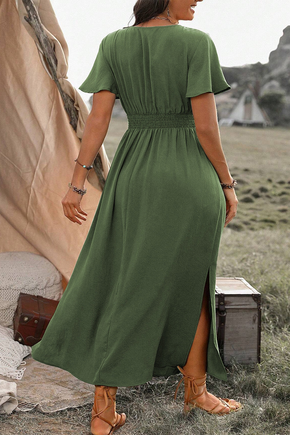 Green Surplice Neckline Smocked High Waist Plus Size Maxi Dress 1X 2X 3X 4X - In Style Chics Boutique 