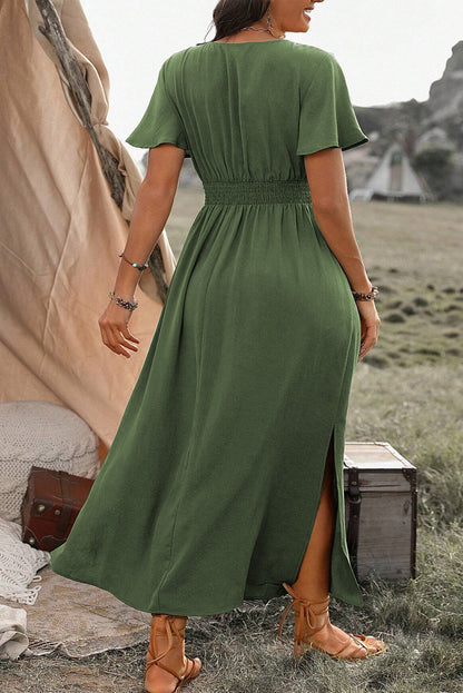 Green Surplice Neckline Smocked High Waist Plus Size Maxi Dress 1X 2X 3X 4X - In Style Chics Boutique 