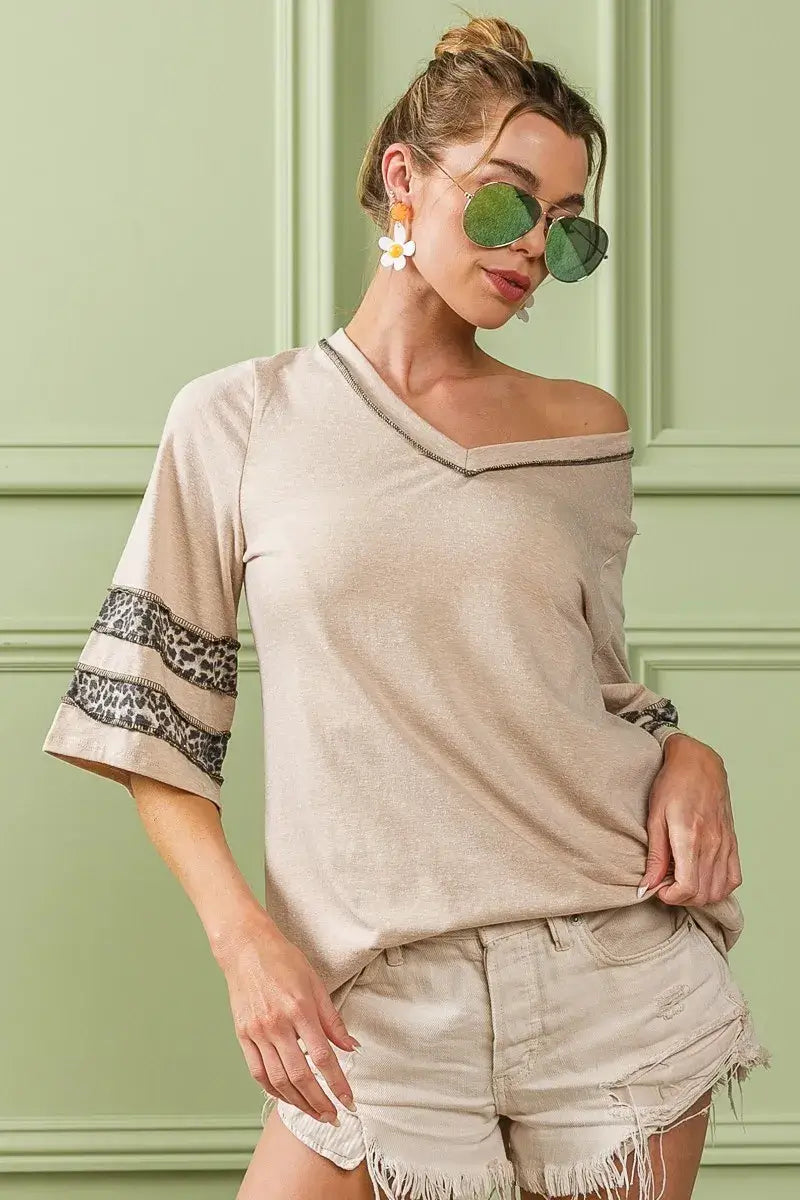 Triblend Knit Top with Leopard Band Detail