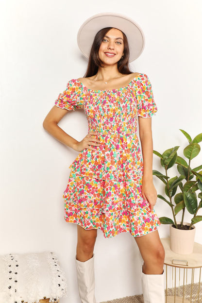 Devine Smocked Sweetheart Neck Flounce Sleeve Mini Dress - In Style Chics Boutique LLC