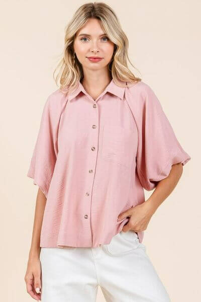 Airflow Short Bubble Sleeve Button Down Shirt - In Style Chics Boutique 
