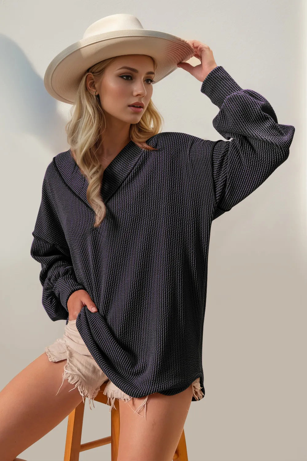 Exposed Seam Ribbed Textured V-Neck Long Sleeve T-Shirt at In Style Chics Boutique 
