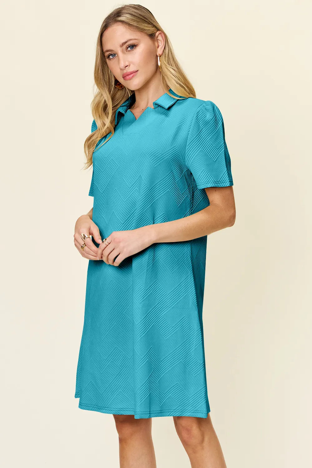 Short Sleeve Dress, Textured Collared Neck - In Style Chics Boutique Women's Juniors Plus Size Clothes 