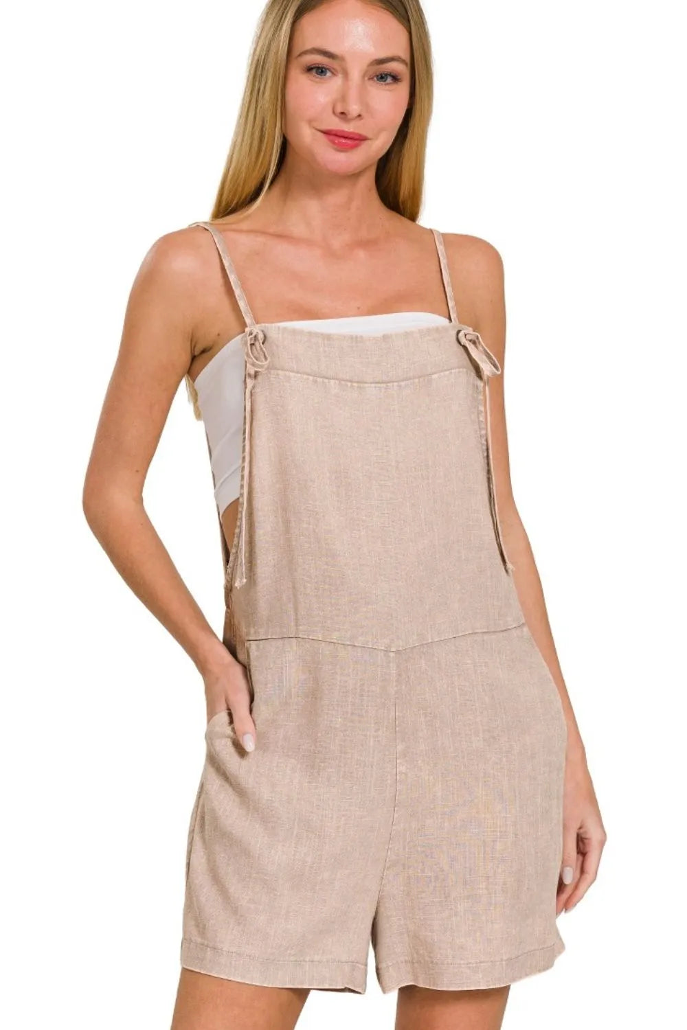 Washed Linen Knot Strap Romper - In Style Chics Boutique 