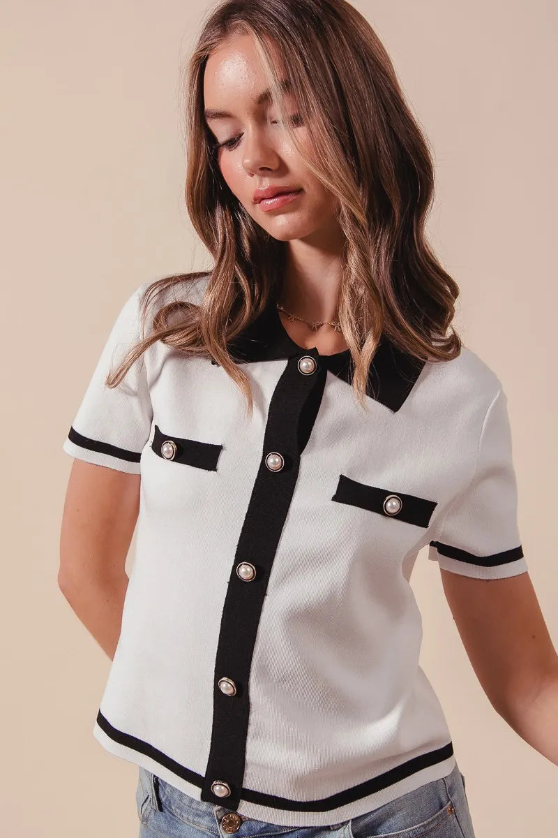 Button Down Knitted Short Sleeve Sweater  at In Style Chics Boutique 