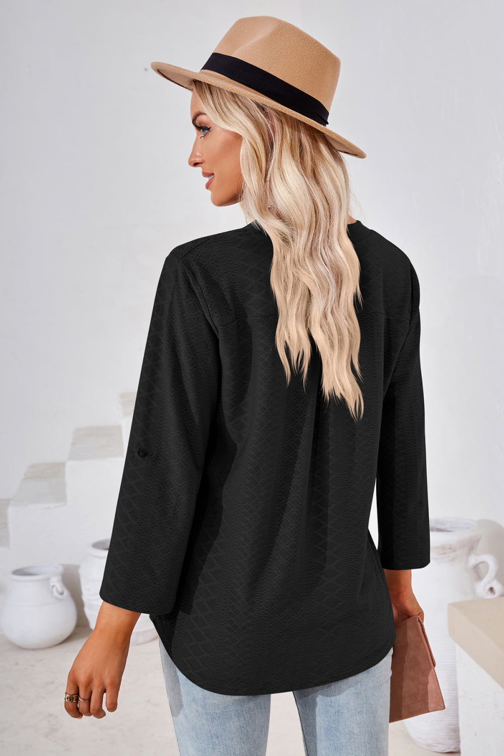 V-Neck Roll-Tap Sleeve Blouse - In Style Chics Boutique LLC