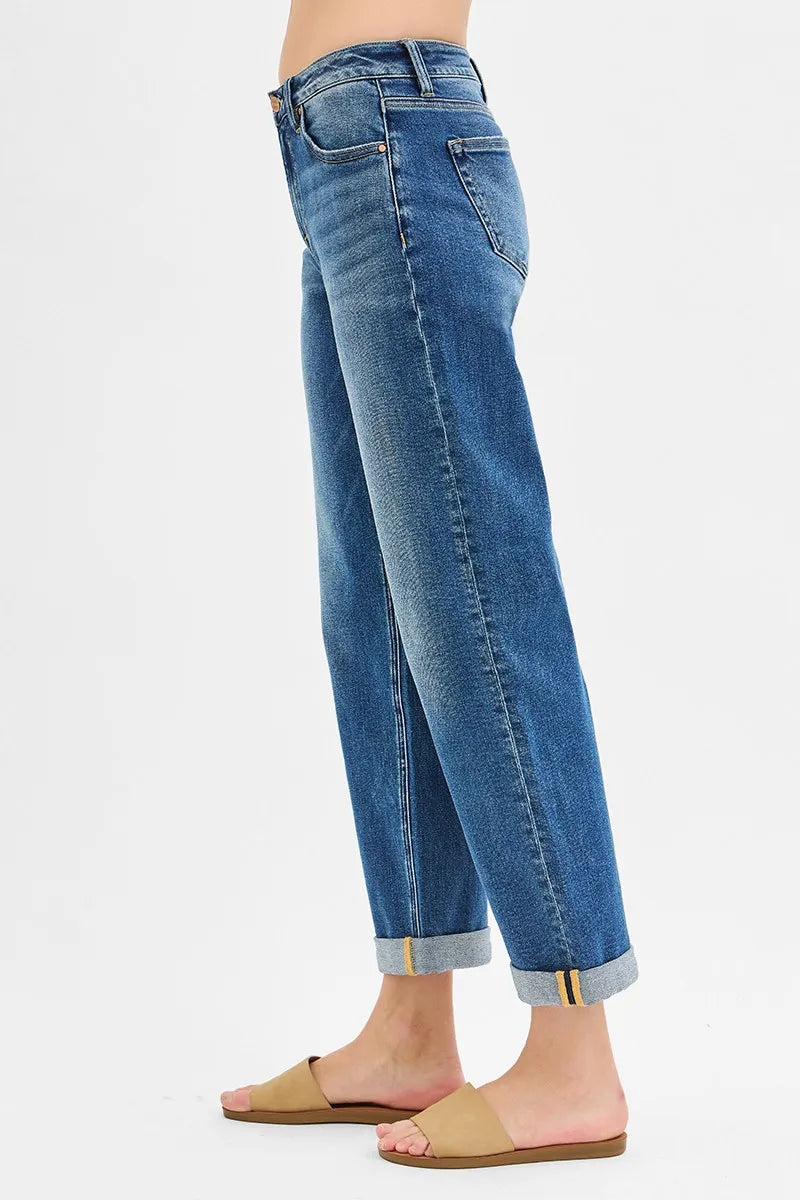 RISEN Mid Rise Boyfriend Roll Up Jeans - In Style Chics Boutique 