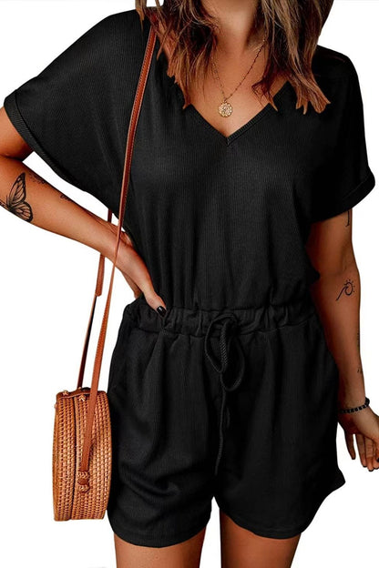 Full Size Drawstring V-Neck Short Sleeve Romper - More Colors! - In Style Chics Boutique LLC