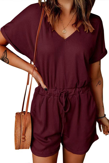 Full Size Drawstring V-Neck Short Sleeve Romper - More Colors! - In Style Chics Boutique LLC