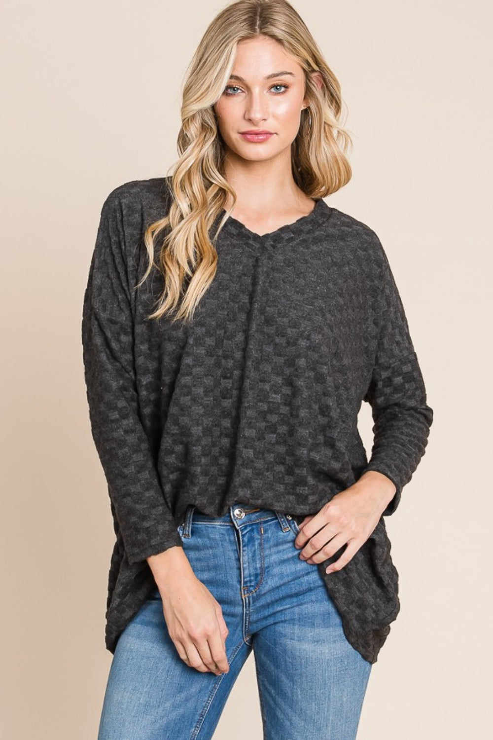 BOMBOM Checkered Long Sleeve V-Neck T-Shirt - In Style Chics Boutique LLC