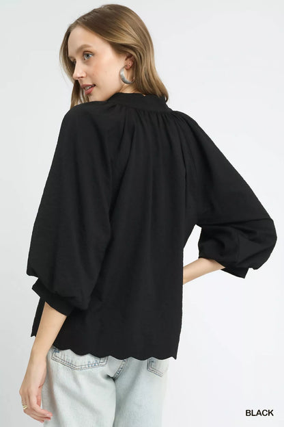 Black Blouse Textured Notched Balloon Sleeve at In Style Chics Boutique 
