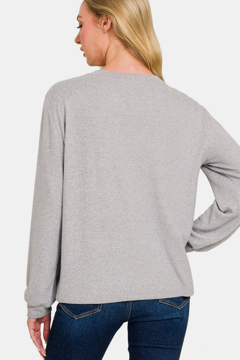 Zenana Hacci Round Neck Long Sleeve T-Shirt - In Style Chics Boutique LLC