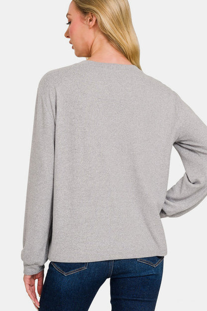 Zenana Hacci Round Neck Long Sleeve T-Shirt - In Style Chics Boutique LLC