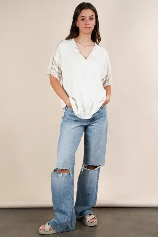 Oversized Contrast Knit Comfy Casual Top - In Style Chics Boutique Women's Juniors Apparel Online 