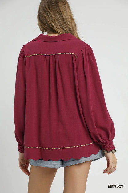 Linen Blouse Scallop Hem with Contrast Trim at In Style Chics Boutique 