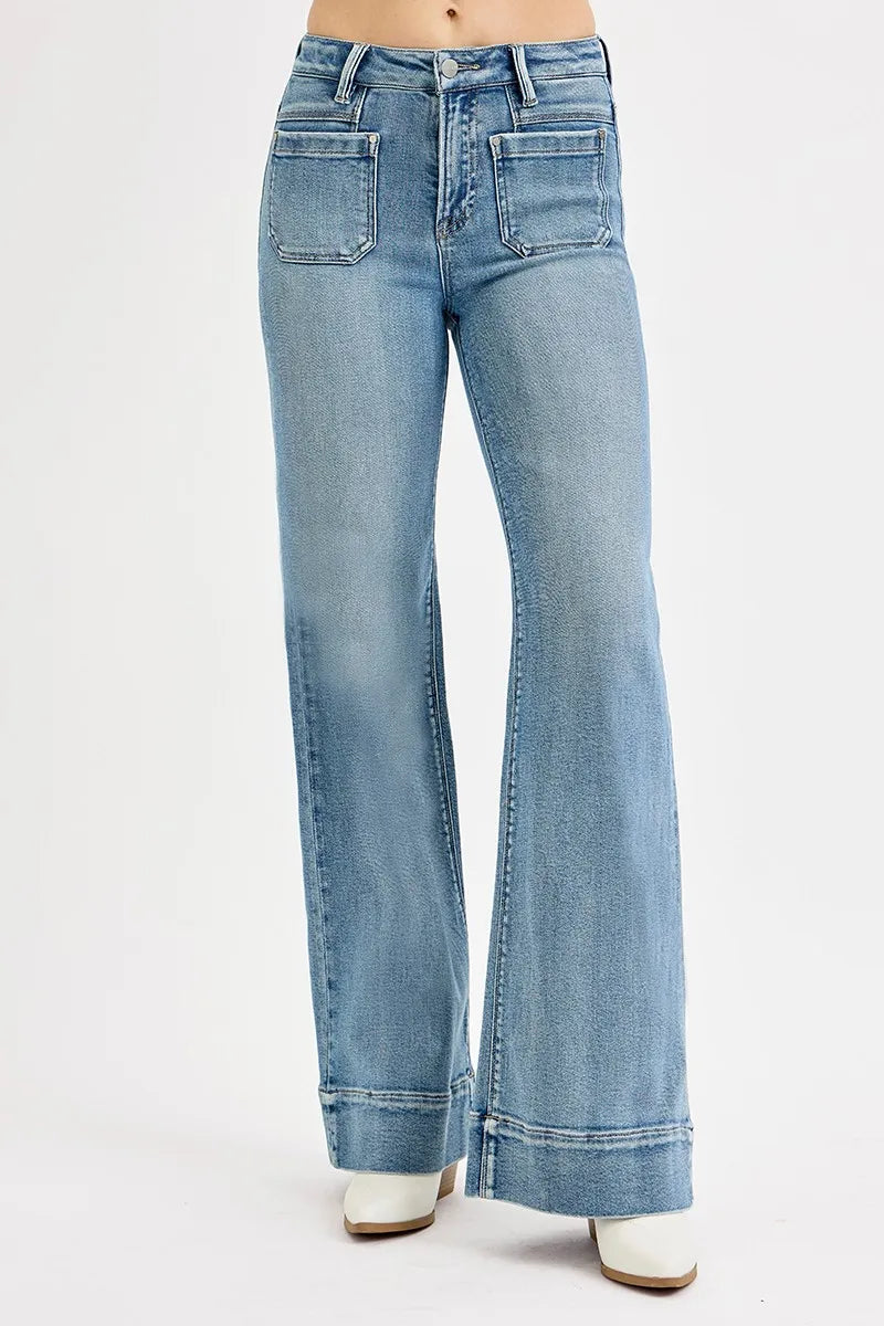 RISEN High Rise Wide Flare Jeans with Patch Pocket - In Style Chics Boutique 