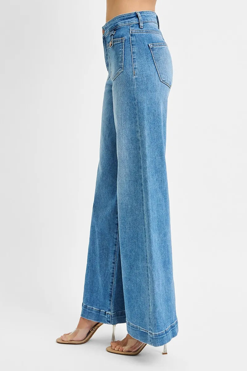 RISEN Mid Rise Wide Leg Front Patch Pocket Jeans at In Style Chics Boutique