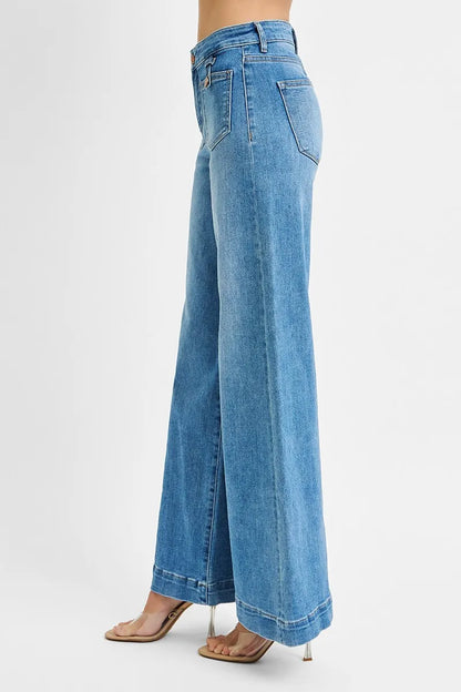 RISEN Mid Rise Wide Leg Front Patch Pocket Jeans at In Style Chics Boutique