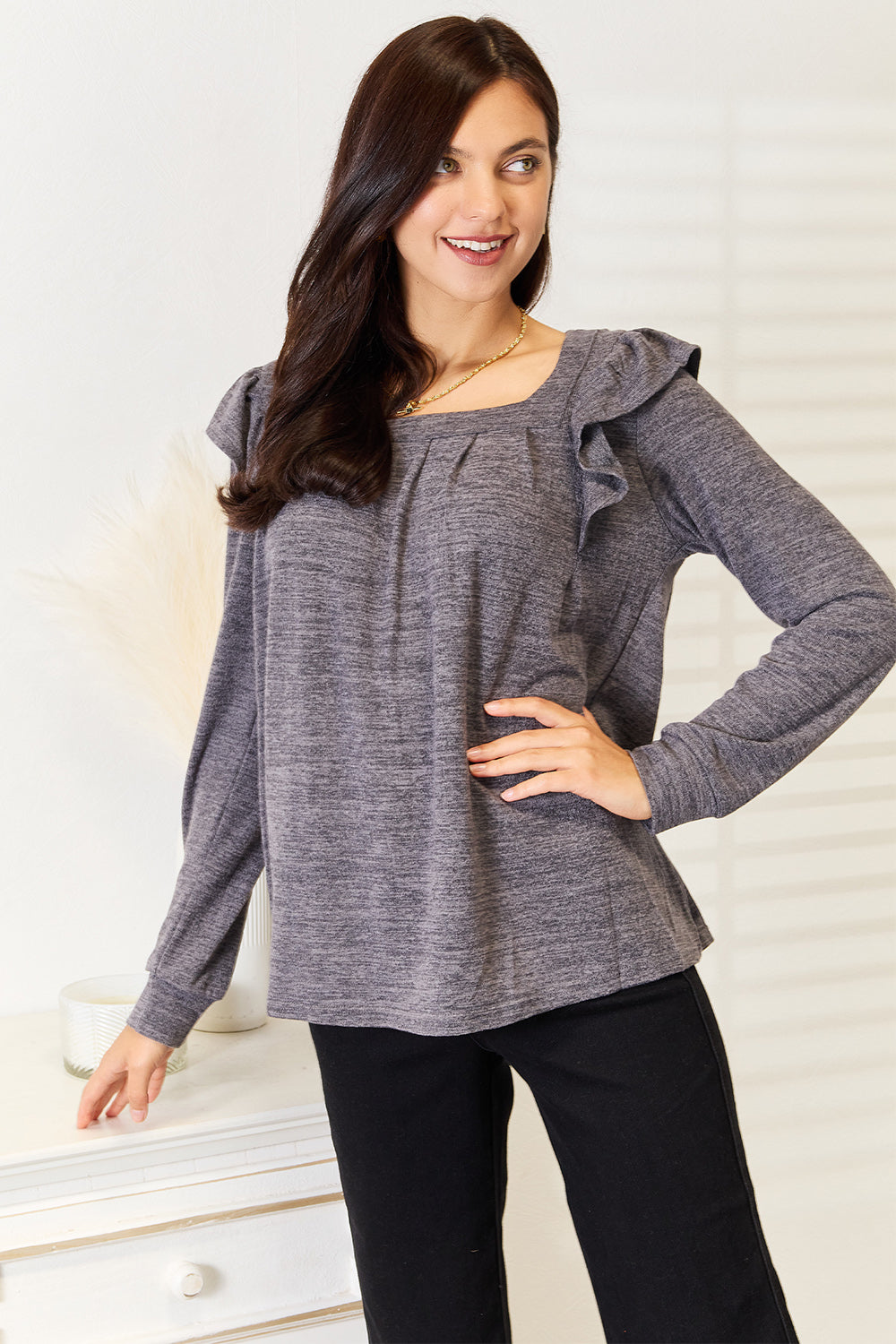 Square Neck Ruffle Shoulder Long Sleeve T-Shirt Shop Deals at In Style Chics Boutique 