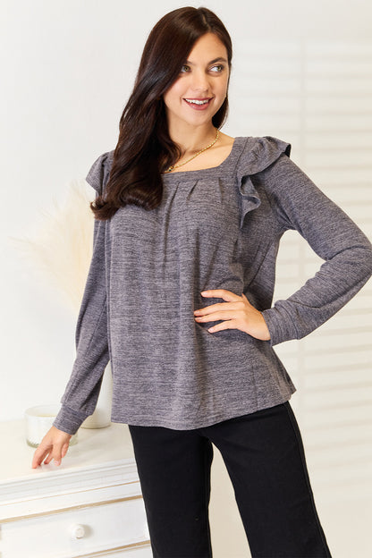 Square Neck Ruffle Shoulder Long Sleeve T-Shirt Shop Deals at In Style Chics Boutique 