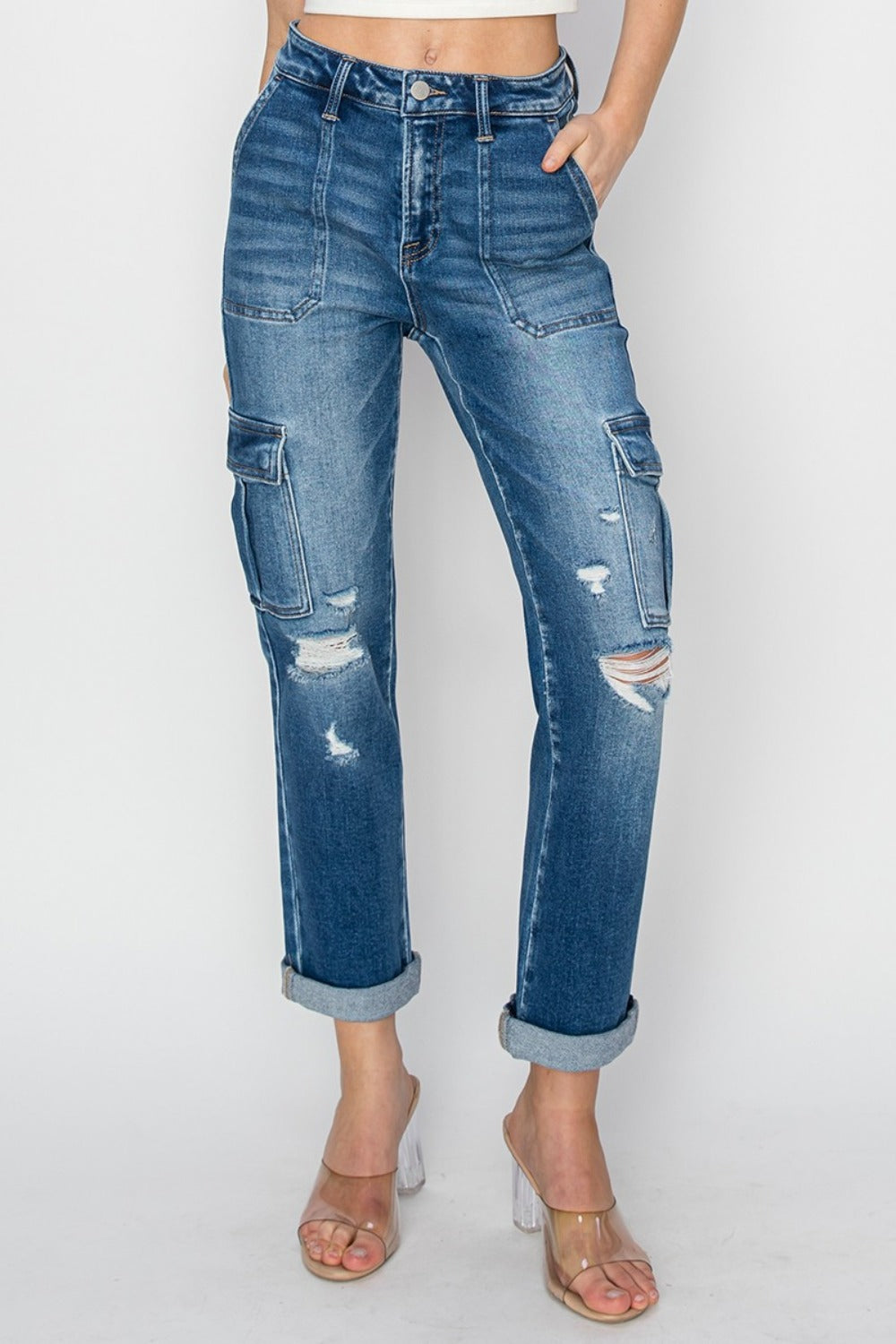 RISEN Full Size High Rise Cargo Ankle Roll Up Straight Jeans - In Style Chics Boutique LLC