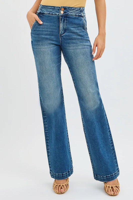 RISEN Tummy Control High Rise Bootcut Jeans Double Button Waist at In Style Chics Boutique 