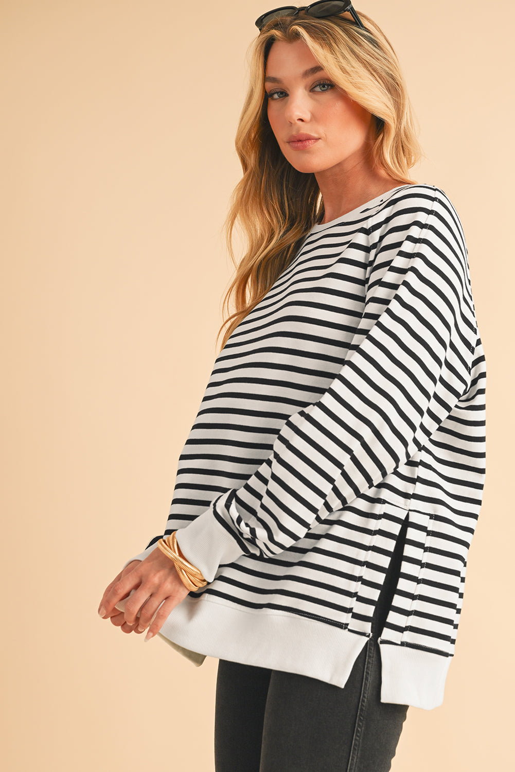 Black Stripe Raglan Sleeve Loose Split Sweatshirt - In Style Chics Boutique LLC