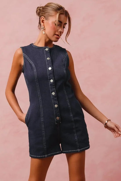 Washed Denim Sleeveless Romper Button Up Front - In Style Chics Boutique