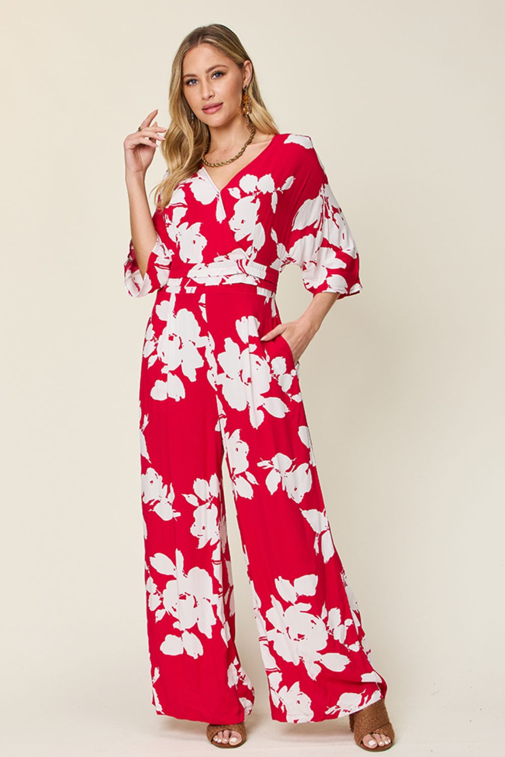 Double Take Full Size Printed Tie Back Wide Leg Jumpsuit - In Style Chics Boutique LLC