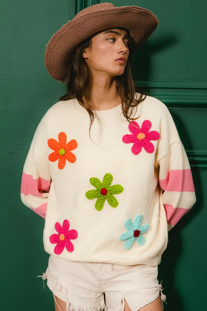 Colorful Floral Patched Sweater with Striped Sleeve at In Style Chics Boutique 