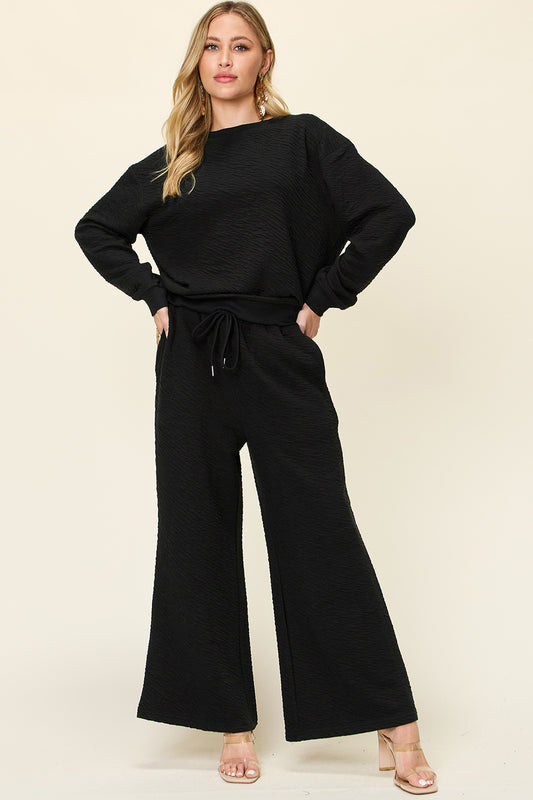 Double Take Full Size Texture Black Long Sleeve Top and Pants Set - In Style Chics Boutique LLC