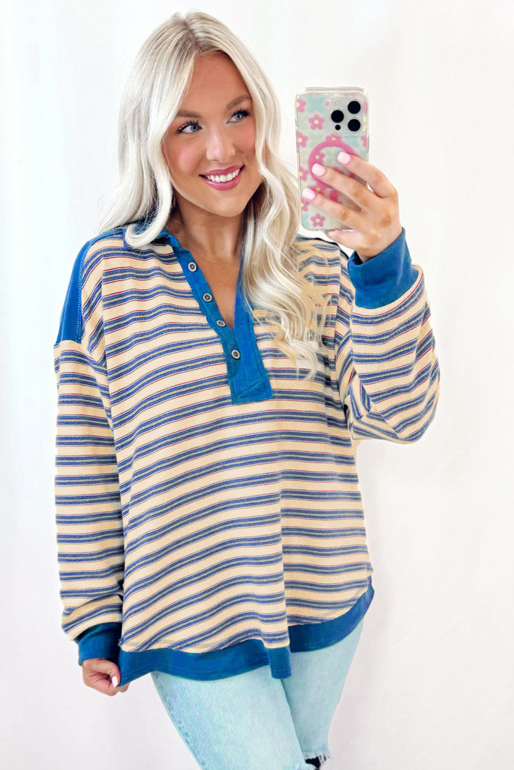 Stripe Collared V Neck Drop Shoulder Top - In Style Chics Boutique LLC