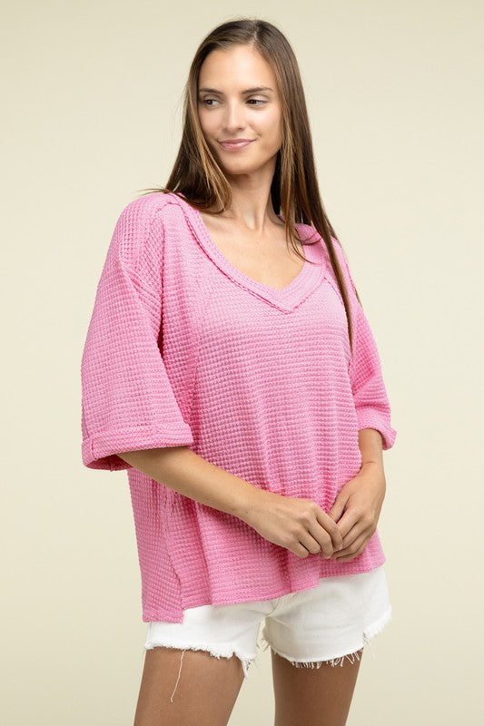 Women's Brushed Waffle Exposed-Seam 3/4 Sleeve Top - In Style Chics Boutique