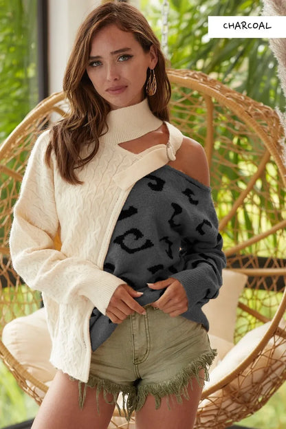 Cable-Knit Color Block One Shoulder Asymmetrical Sweater at In Style Chics Boutique 