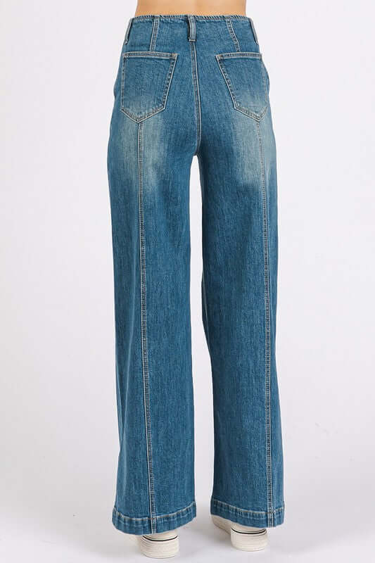Women's Juniors Medium Wash Seam Detail Wide Leg Denim Jeans - Cute Clothes Online - In Style Chics Boutique 
