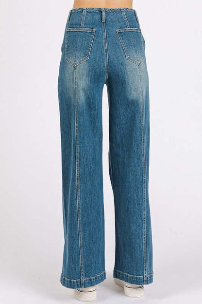 Women's Juniors Medium Wash Seam Detail Wide Leg Denim Jeans - Cute Clothes Online - In Style Chics Boutique 
