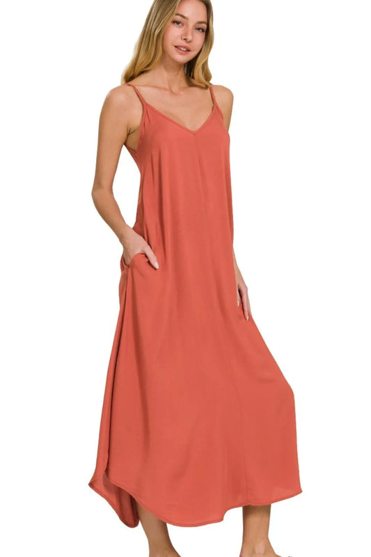 Cami Midi Dress With Flowy Pockets, Woven Arc Hem  - In Style Chics Boutique 