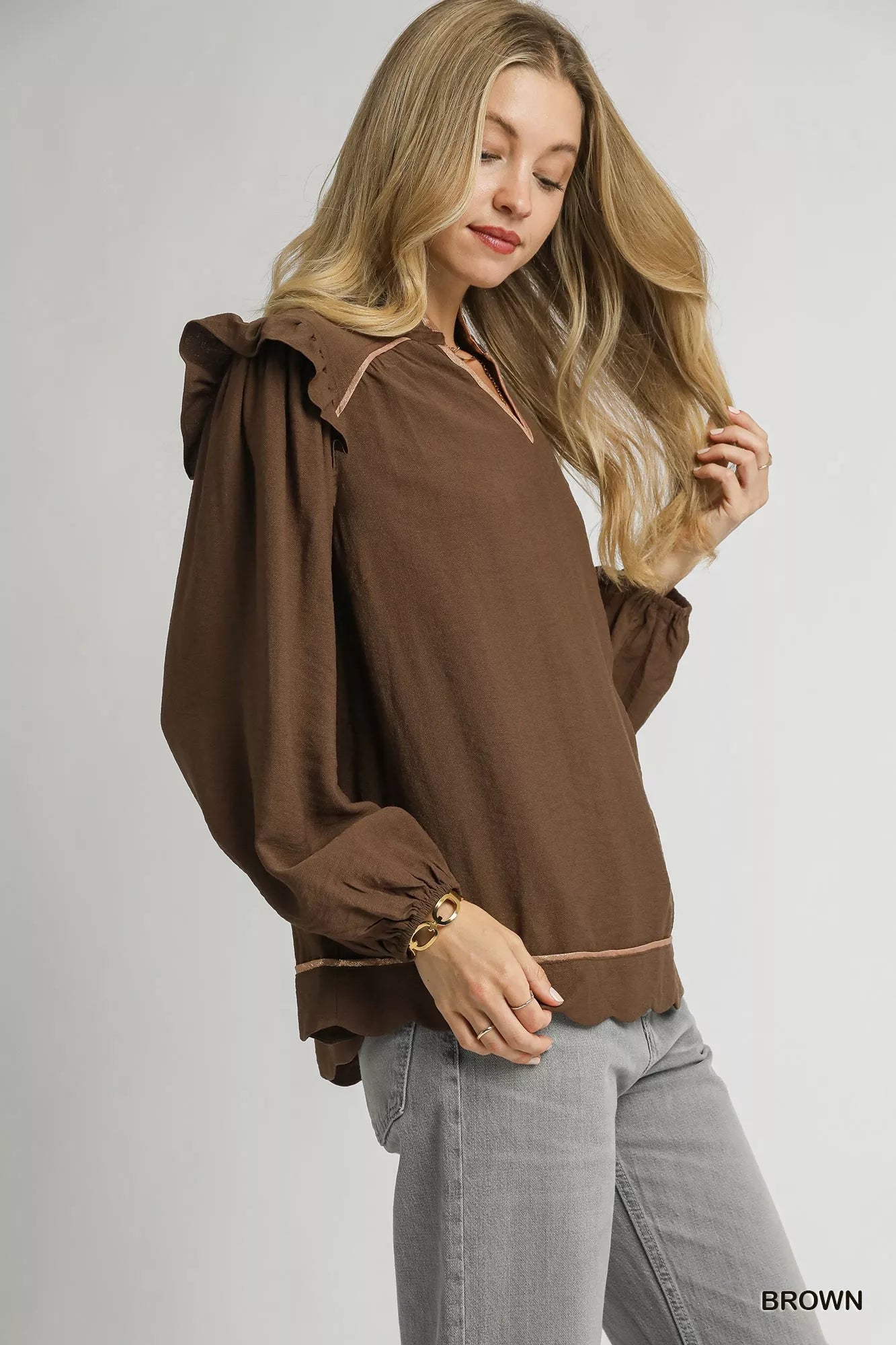 Shop Ruffle Shoulder Long Sleeve Blouse at In Style Chics Boutique 
