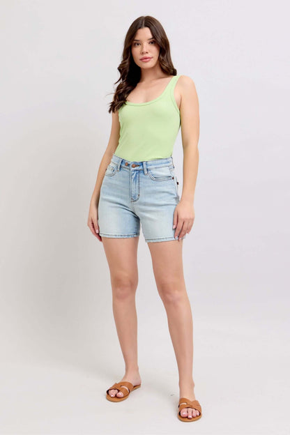 Judy Blue Light Wash 2 Button Denim Shorts with Pockets - Dad Shorts - In Style Chics Boutique Women's Juniors Plus Size Apparel Online 