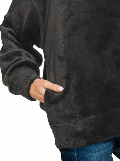 Faux Fur Half Zip Pocket Black Pullover